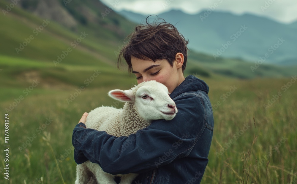 Young person cuddles a sheep in a lush green field during daytime Young person cuddles a sheep in a lush green field during daytime