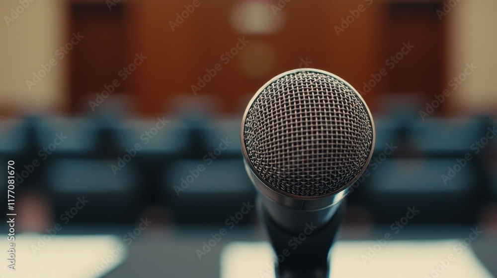 Close up of a Microphone in a Conference Room Setting Public Speaking Meeting Close up of a Microphone in a Conference Room Setting Public Speaking Meeting