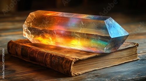 Colorful crystal resting on an old book in warm, natural light