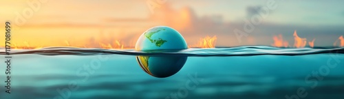 Earth Submerged in Water Surrounded by Flames - Surreal and Dramatic Concept photo