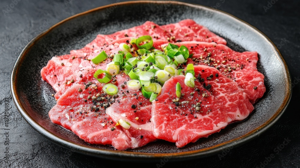 Freshly sliced beef with spring onions and spices on black plate Freshly sliced beef with spring onions and spices on black plate