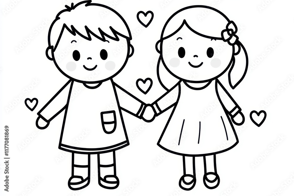 Adorable Cartoon Boy and Girl Holding Hands Black and White Line Art Illustration Cute Children s Adorable Cartoon Boy and Girl Holding Hands Black and White Line Art Illustration Cute Children s