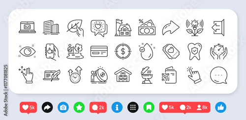 E-mail, Organic tested and Sign out line icons pack. Social media: share, comment, like icons. Building, Love ticket, Dental insurance web icon. Money tax, Like app, Buildings pictogram. Vector