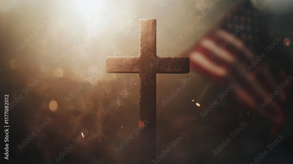 Cross surrounded by light and American flag at sunset Cross surrounded by light and American flag at sunset
