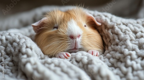 Guinea pig resting peacefully in a cozy blanket on a soft surface during the day