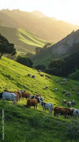 Cows grazing peacefully in lush green pasture during sunset in a mountainous ...