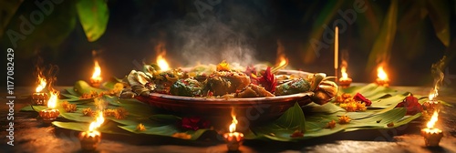 A traditional Indian feast served on banana leaves surrounded by glowing diyas and fragrant incense photo