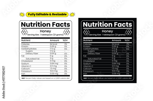Honey nutrition label. Honey nutrition facts. Nutritional value of honey. Editable and resizable templates of nutrition facts, supplement facts and vitamin facts.