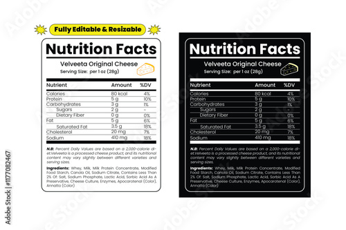 Velveeta nutrition facts. Velveeta nutrition label. Nutritional value of Velveeta. Editable and resizable templates of nutrition facts, supplement facts and vitamin facts.