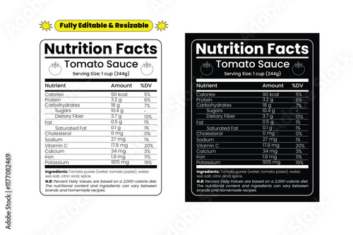 Tomato sauce nutrition facts. Tomato sauce nutrition label. Nutritional value of tomato sauce. Editable and resizable templates of nutrition facts, supplement facts and vitamin facts.