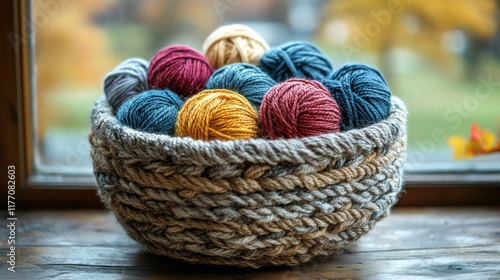 Colorful yarn balls displayed in a woven basket at a craft store in a cozy se...