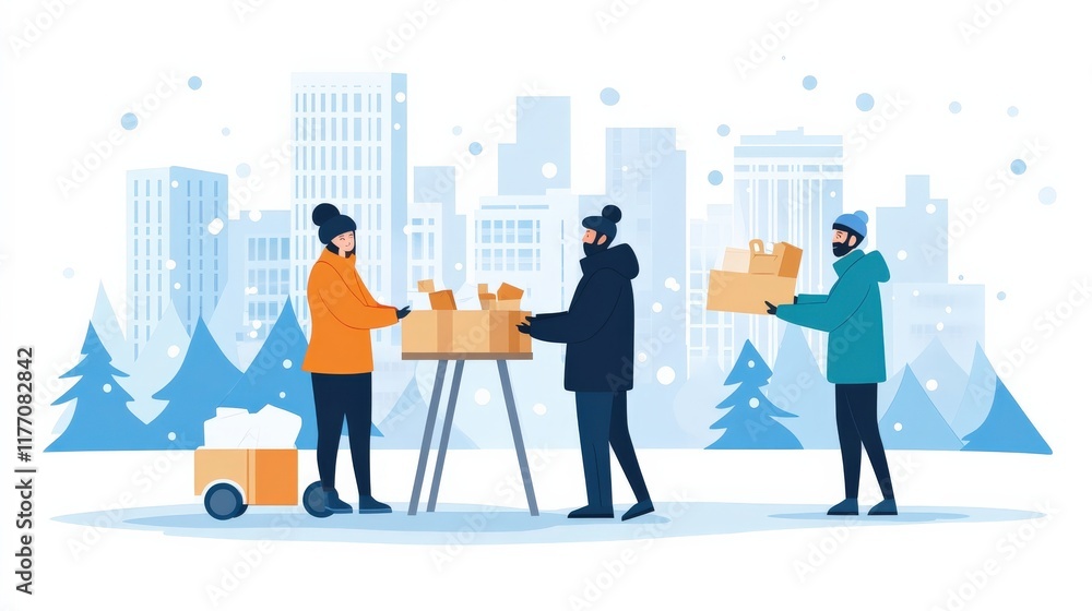 Obraz premium Urban Winter Scene of Volunteers Distributing Boxes in a Snowy City Landscape with Trees and Buildings in the Background