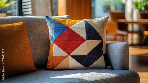 Cozy armchair with colorful cushion in a bright, modern living space during d...
