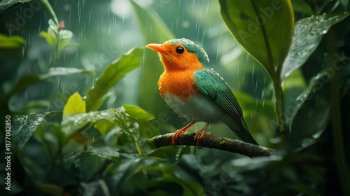 Tropic bird in forest. Rainy season in America. Chestnut-mandibled toucan sitting on branch in tropical rain with green jungle background. Wildlife scene from tropic jungle. Animal in Costa Rica.  photo