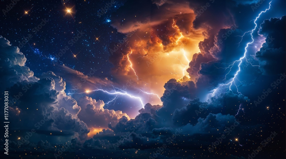 Fototapeta premium Dramatic Stormy Sky with Lightning Bolts and Glowing Clouds Under a Starry Night