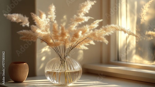 Vibrant tulips arranged in a glass vase on a table with soft natural light in...