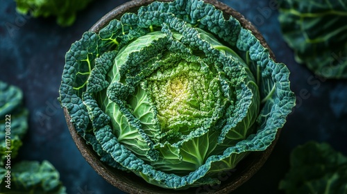 Fresh green cabbage and mint leaves on a dark surface with moisture droplets