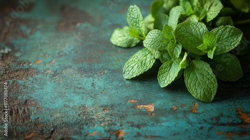 Fresh mint leaves arranged on a rustic wooden surface with an aged turquoise ...