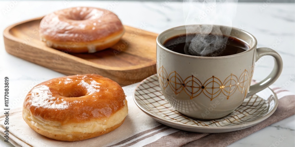 A steaming cup of coffee with glazed donuts on a wooden tray and a napkin A steaming cup of coffee with glazed donuts on a wooden tray and a napkin