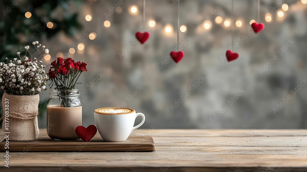 Valentineinspired coffee corner with hanging heart lights and fresh flower arrangements, cozy and stylish Valentineinspired coffee corner with hanging heart lights and fresh flower arrangements, cozy and stylish