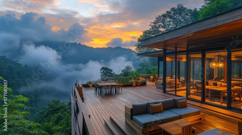 Modern cabin overlooking misty mountains at dusk in a serene forest setting