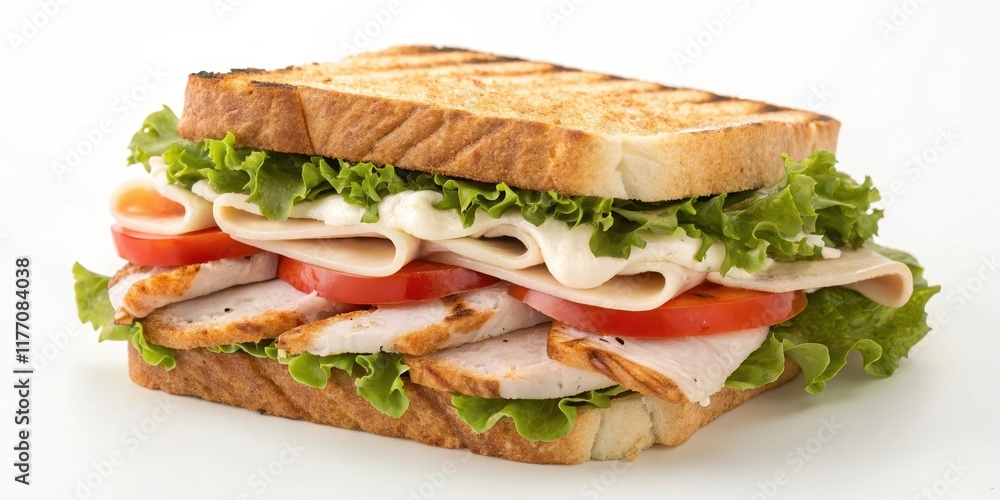 A delicious toasted sandwich layered with grilled meat, crisp lettuce, juicy tomato slices, and creamy spread. A delicious toasted sandwich layered with grilled meat, crisp lettuce, juicy tomato slices, and creamy spread.