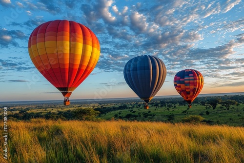 Colorful hot air balloons soaring above lush green fields during a sunny day