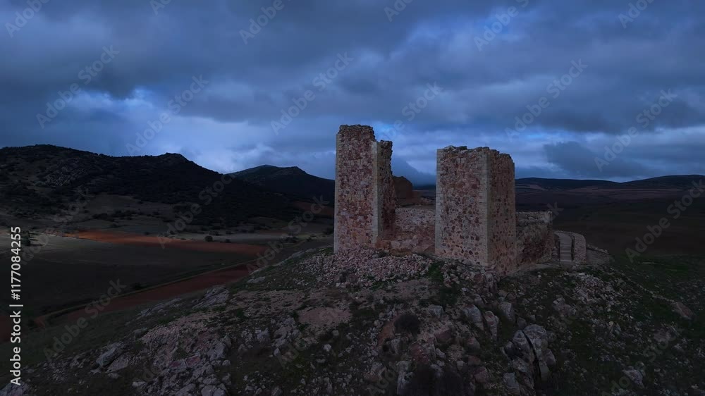 Santed Castle in winter in the surroundings of the village of Santed, near the Laguna de Gallocanta. Aerial view from drone. Campo de Daroca region. Zaragoza Province. Aragon. Spain. Europe Santed Castle in winter in the surroundings of the village of Santed, near the Laguna de Gallocanta. Aerial view from drone. Campo de Daroca region. Zaragoza Province. Aragon. Spain. Europe