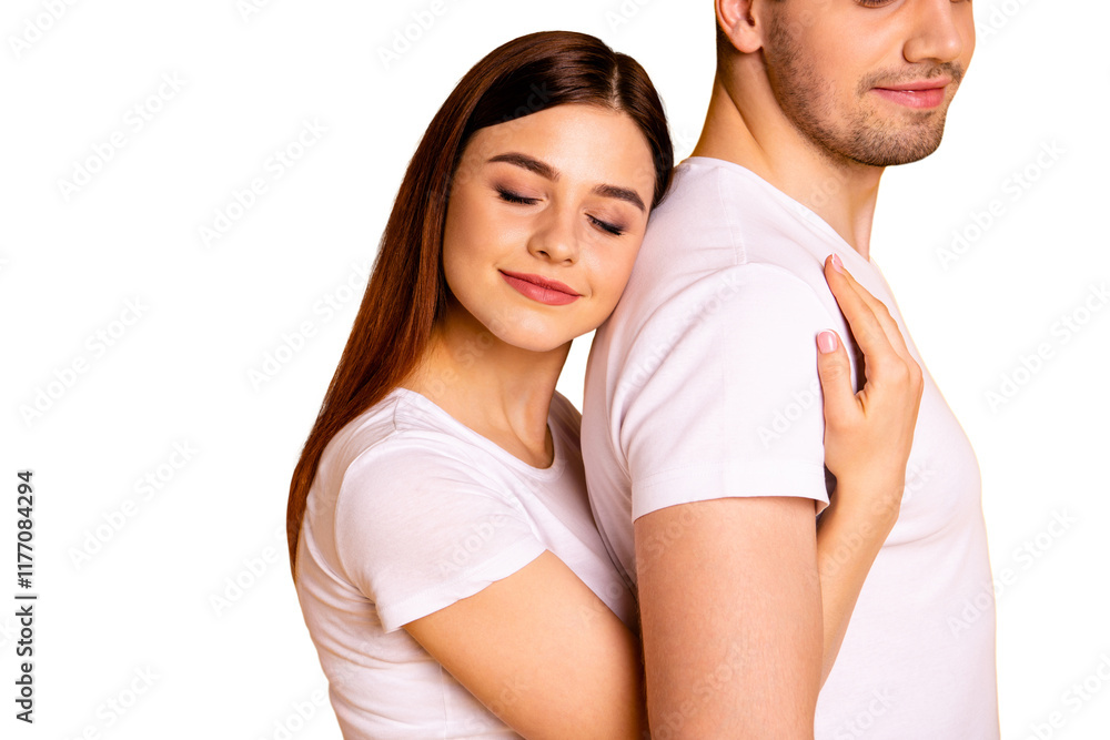 Cropped close up side profile photo beautiful she her he him his guy lady pair hold tight close hands arms husband strong back eyes closed relax wear casual white t-shirts isolated yellow background Cropped close up side profile photo beautiful she her he him his guy lady pair hold tight close hands arms husband strong back eyes closed relax wear casual white t-shirts isolated yellow background