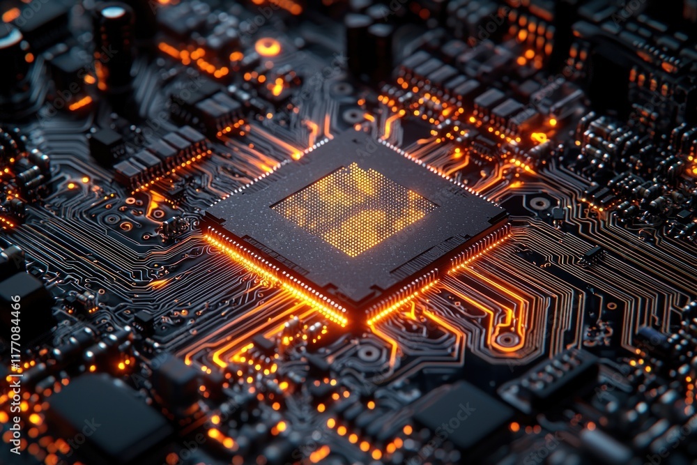 Glowing CPU on circuit board with intricate connections, processing data Glowing CPU on circuit board with intricate connections, processing data