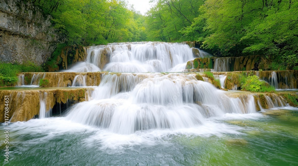 Obraz premium The waterfall in the lush forest of Plitvice Lakes cascades down a series of terraced limestone cliffs, creating a mesmerizing display of cascading water surrounded by vibrant greenery.
