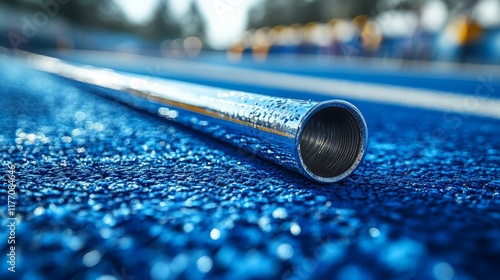 Hurdle placed on a colorful track after rain during afternoon practice session