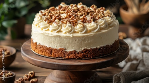 Deliciously layered cake with creamy frosting and walnut topping on wooden se...