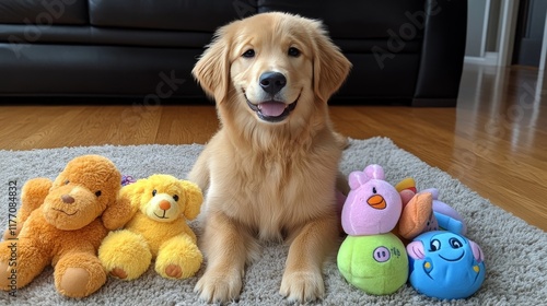 Happy golden retriever puppy playing with stuffed toys in a cozy living room ...