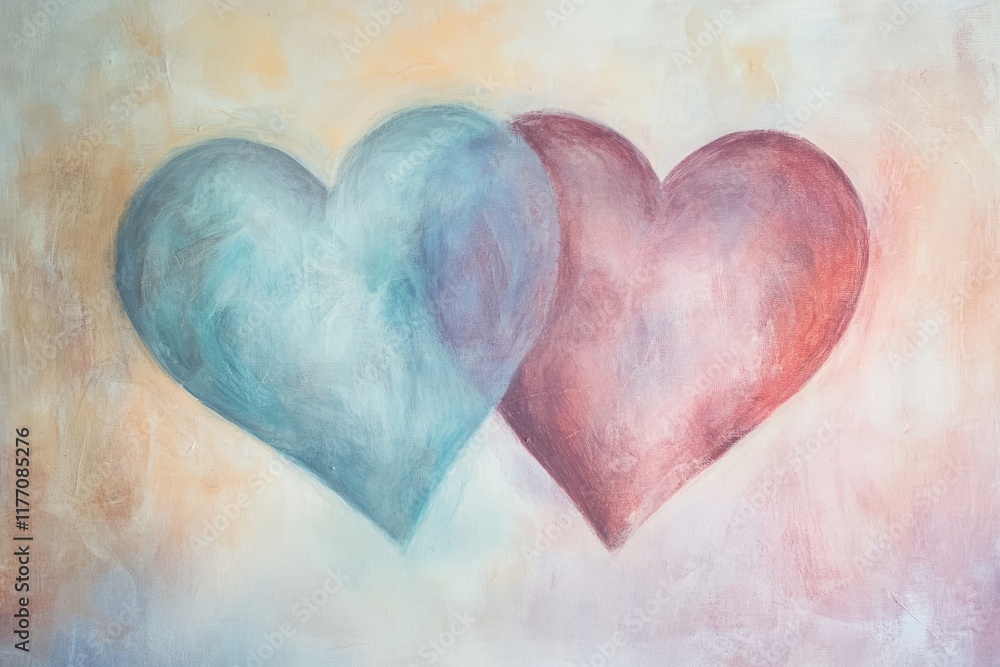 Two overlapping hearts in soft pastel tones, centered on a clean white canvas Valentine’s Day card Two overlapping hearts in soft pastel tones, centered on a clean white canvas Valentine’s Day card