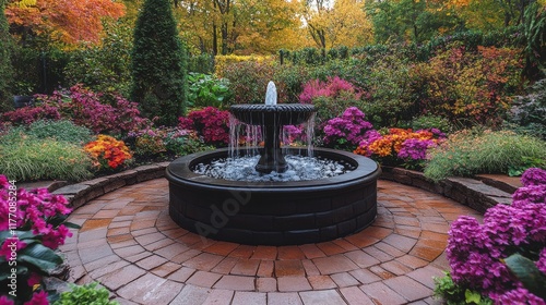 Beautiful garden fountain surrounded by colorful flowers during sunny afternoon