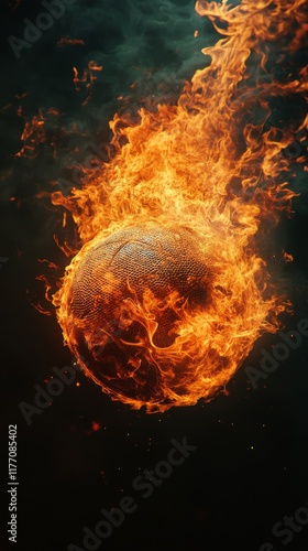 Flaming soccer ball surrounded by vibrant flames during an intense match