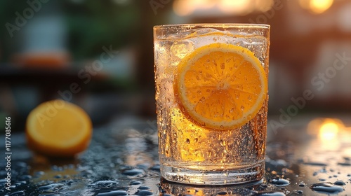 Refreshing citrus drink with ice and lemon slice during sunset in a garden se...