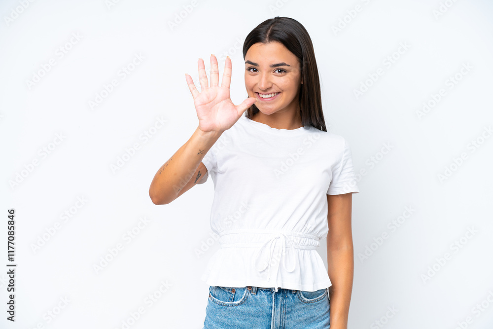 Young caucasian woman isolated on white background counting five with fingers Young caucasian woman isolated on white background counting five with fingers