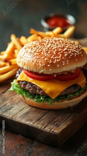 Delicious sesame bun burger served with crispy french fries and tangy dipping...