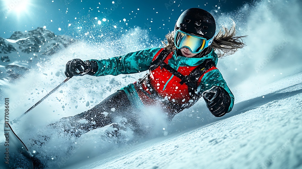 Woman skiing alpine slopes, snow spray, mountain backdrop, winter sport. Woman skiing alpine slopes, snow spray, mountain backdrop, winter sport.