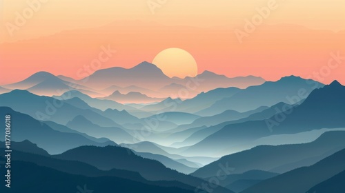 Abstract Mountain Landscape at Sunset with Rolling Hills and Gradient Colors