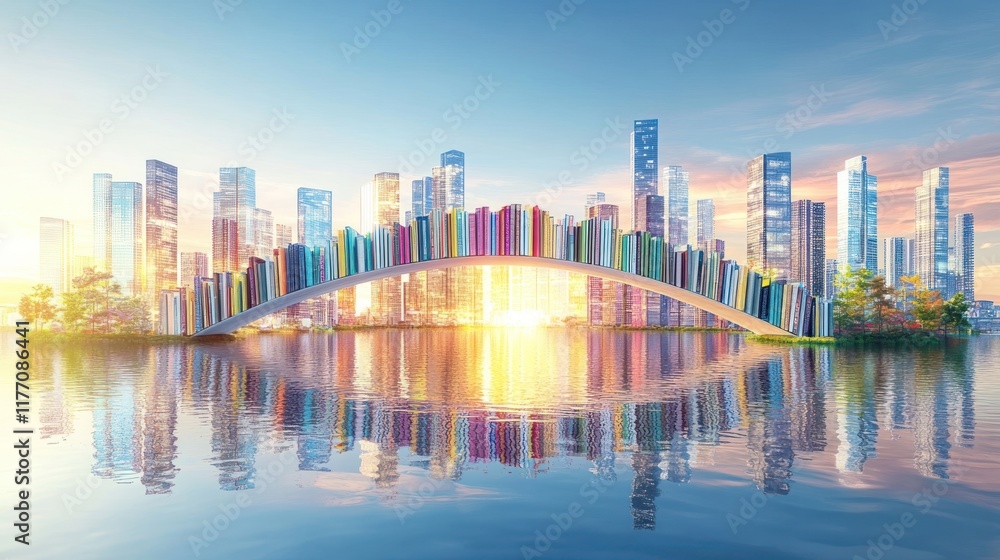 Fototapeta premium Cityscape Bridge of Books: A Vision of Urban Knowledge and Literary Connection
