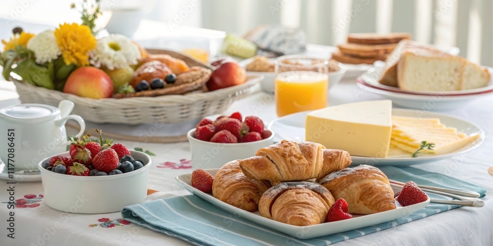 A delightful breakfast spread featuring fresh pastries, berries, and cheese A delightful breakfast spread featuring fresh pastries, berries, and cheese
