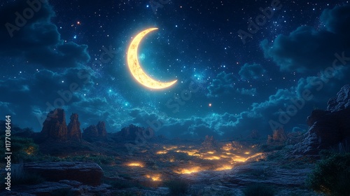 Crescent moon illuminates dark landscape with ethereal glow at twilight