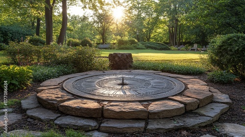 Beautiful garden with fountain surrounded by colorful flowers in a sunny outd...