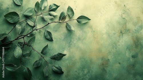 A flat muted green background featuring faint leaf-like patterns scattered throughout and an uncluttered center 