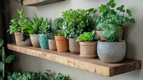 Indoor shelf featuring small potted plants arranged neatly in natural light