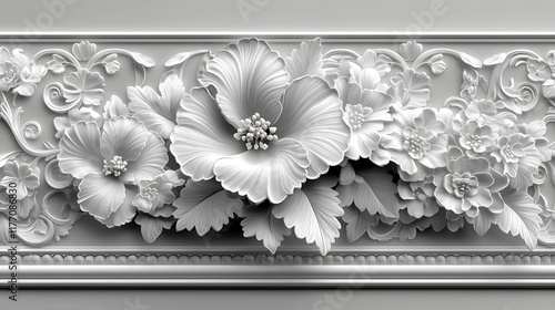 White floral 3D relief panel, interior design, wall decor.