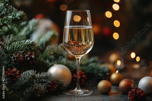 Festive champagne glass beside decorated Christmas tree with glowing lights d...